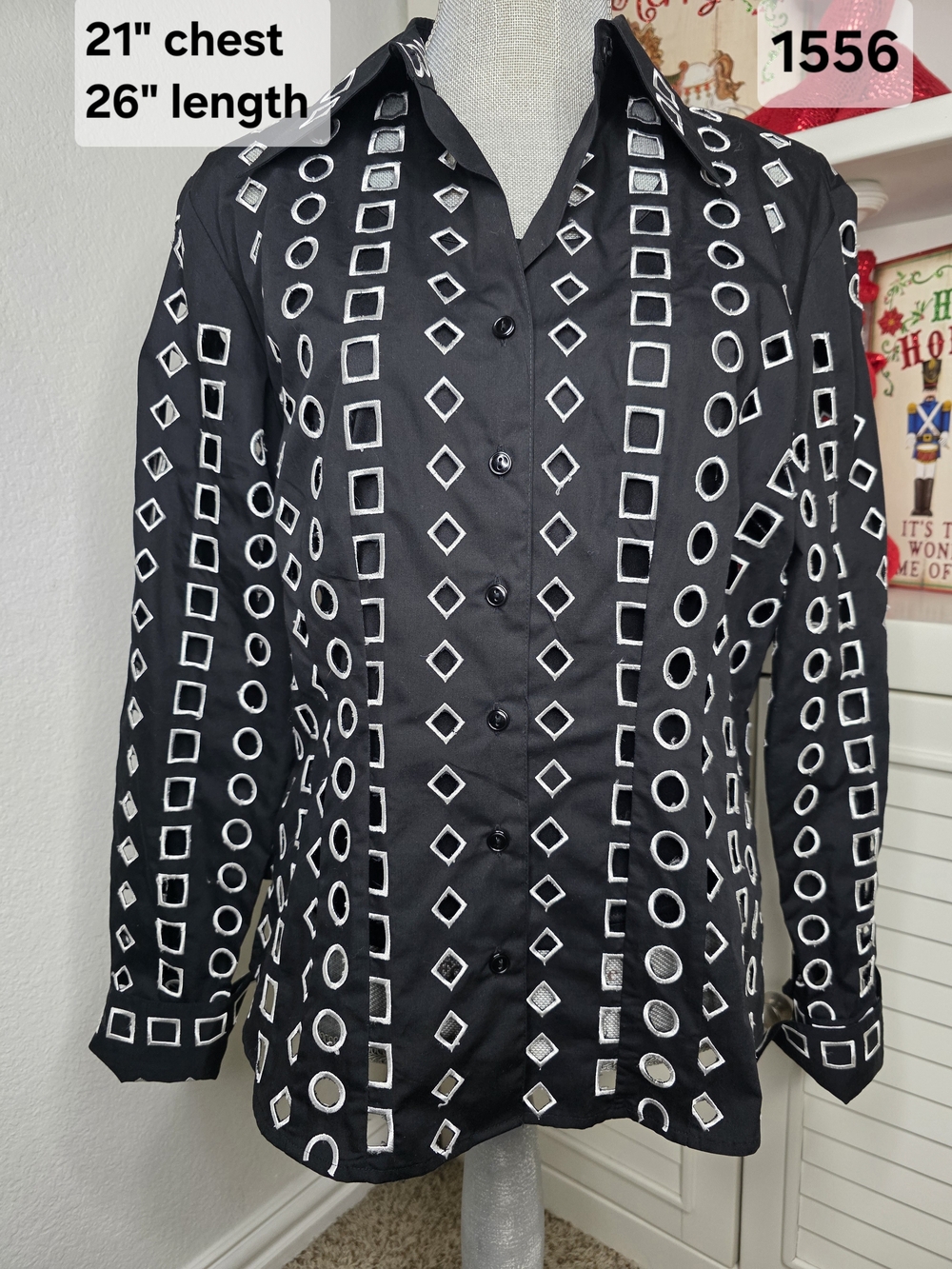 D&Y Vintage Black Geometric Laser Cut Embroidered Button-Up Shirt Y2K